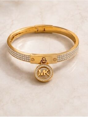 Michael Kors Gold Crystal Pavé MK Charm Bangle Bracelet
